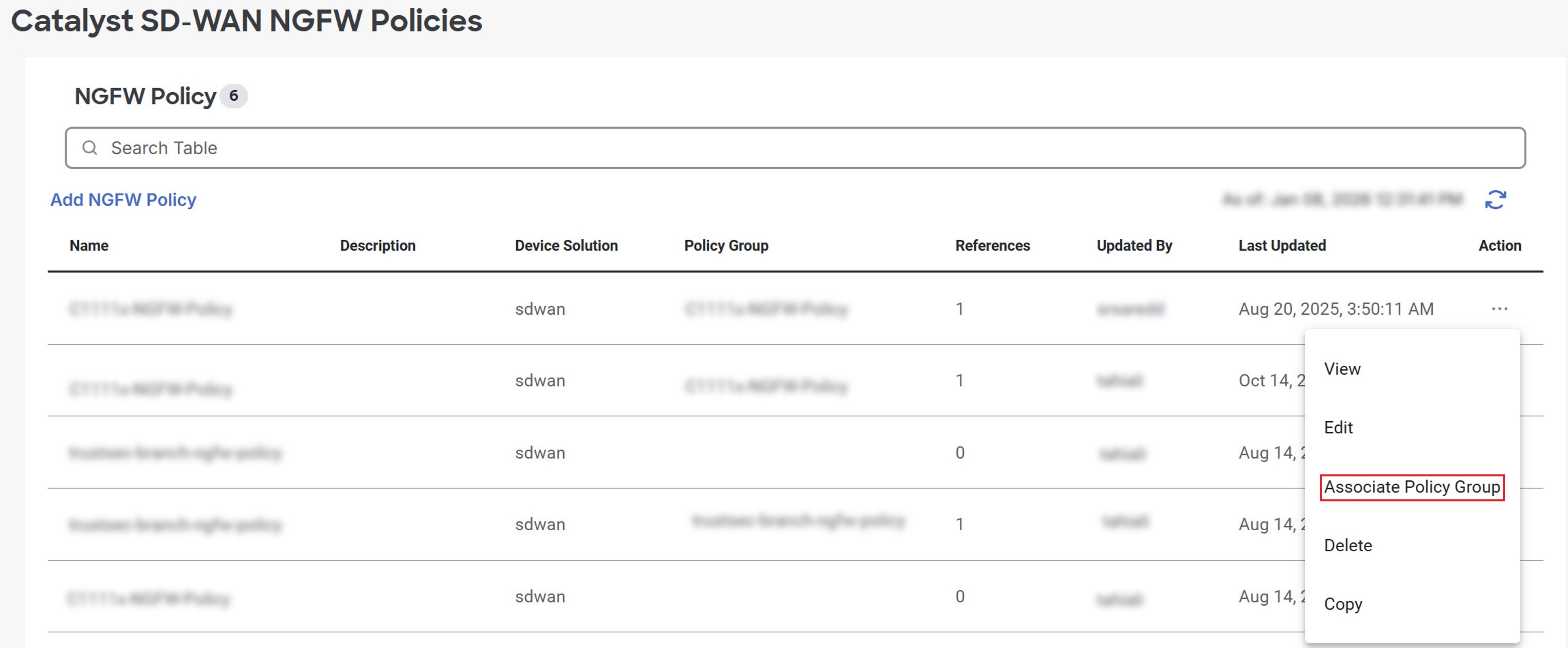 NGFW Policy page showing policy group associations.