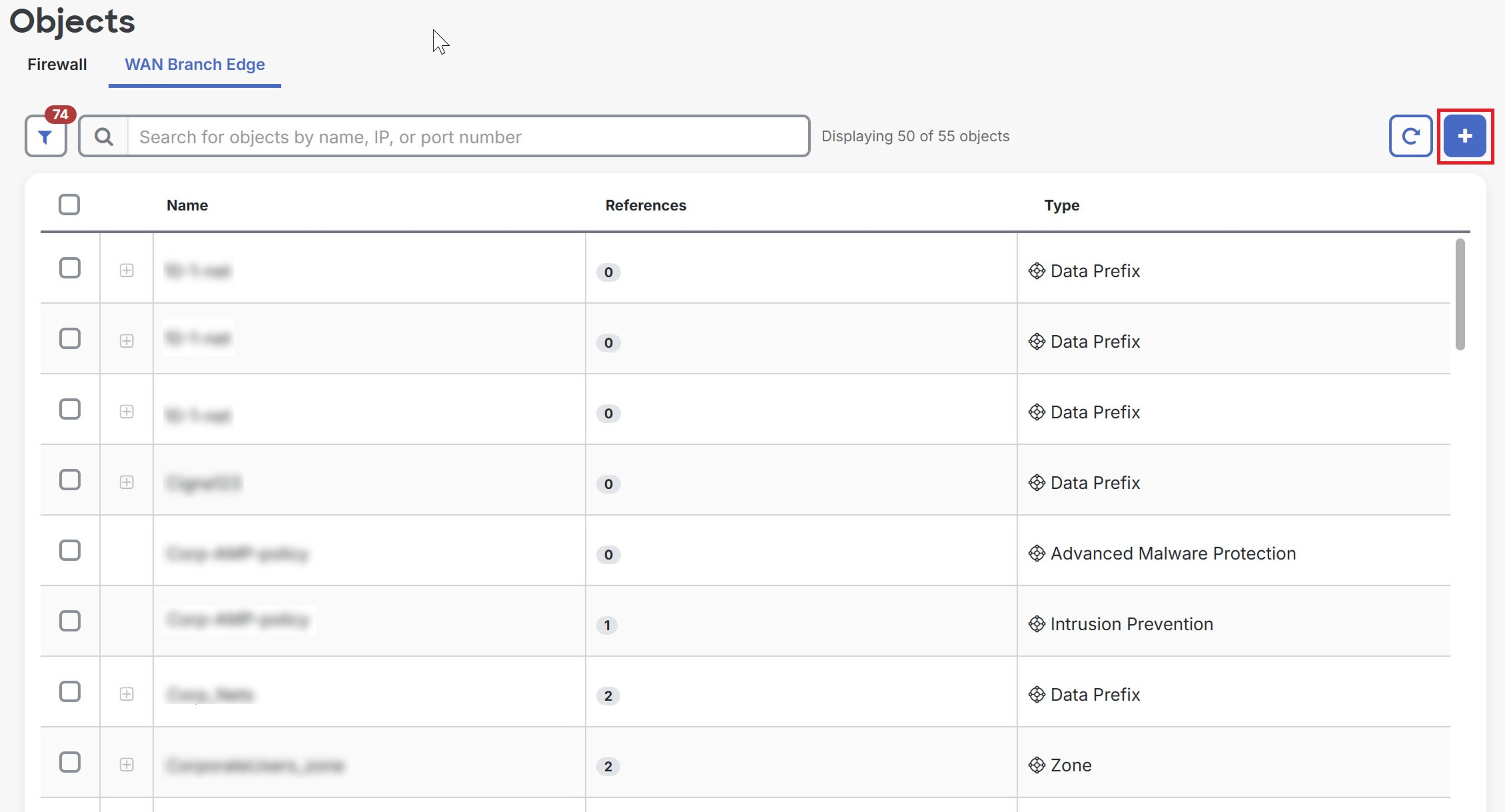 Objects page showing the Create Object plus button to create a new object.