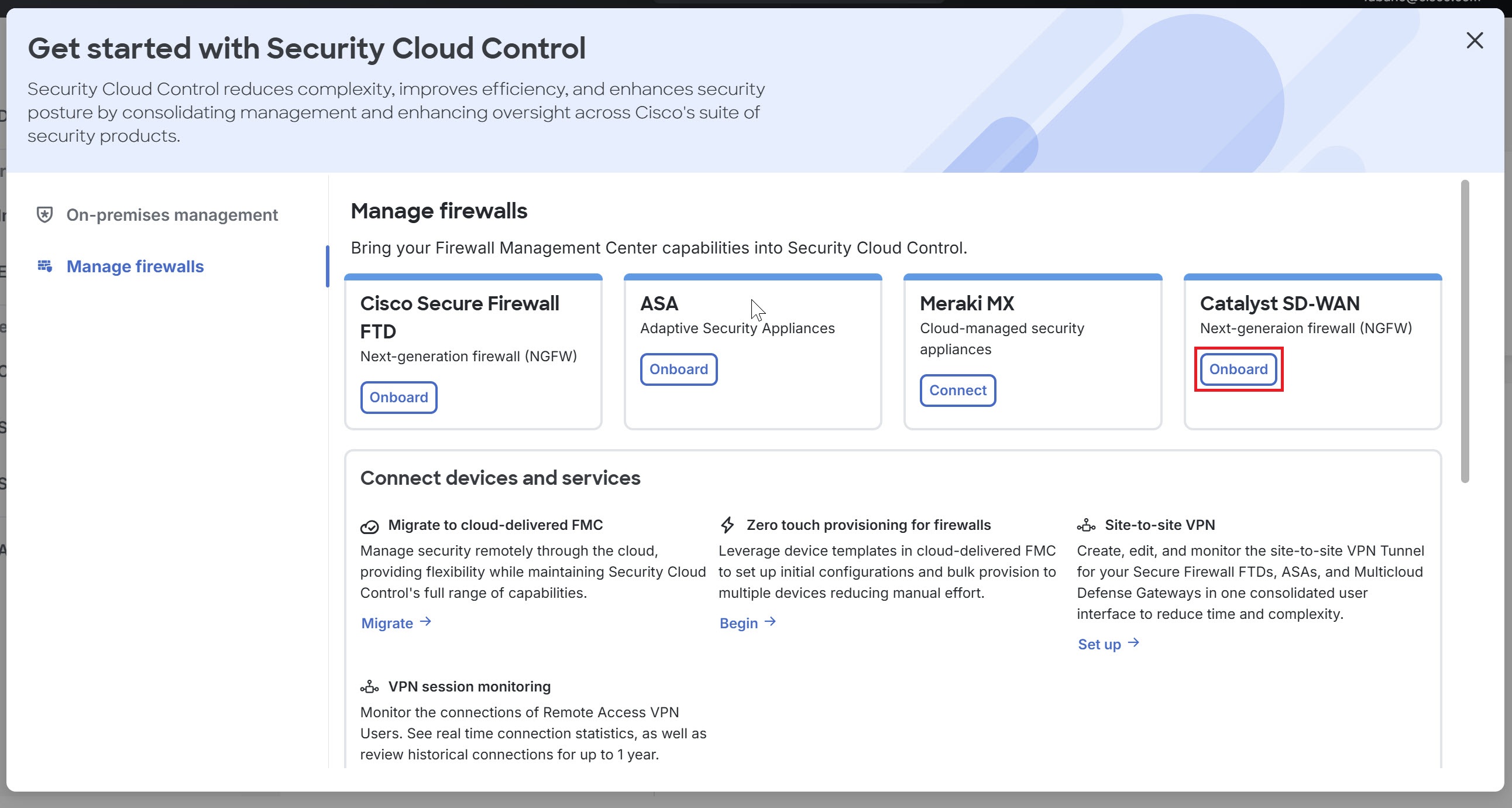 Screenshot of the get started with Security Cloud Control page.