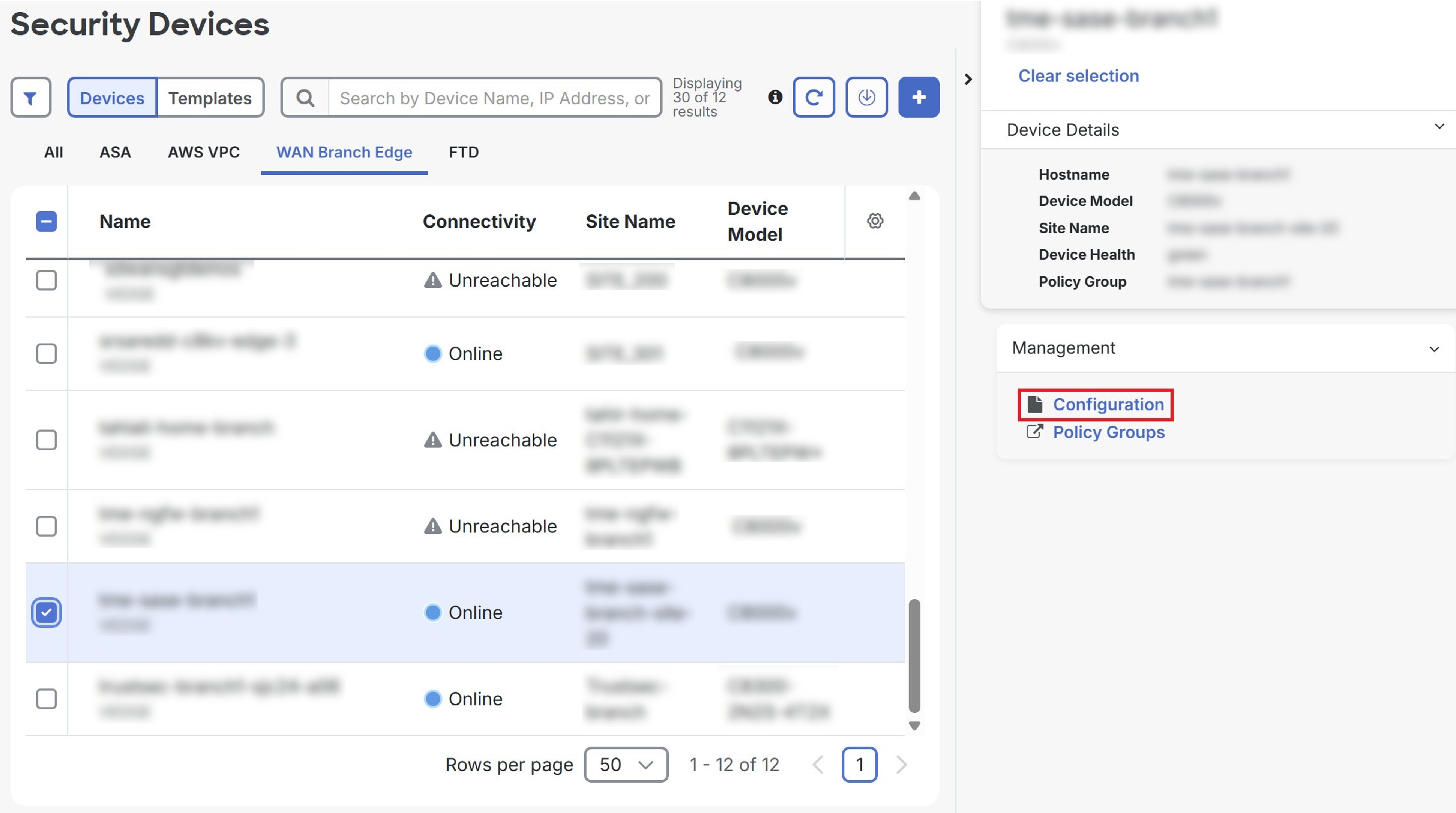 Screenshot showing the Configuration pane on the Security Devices page.
