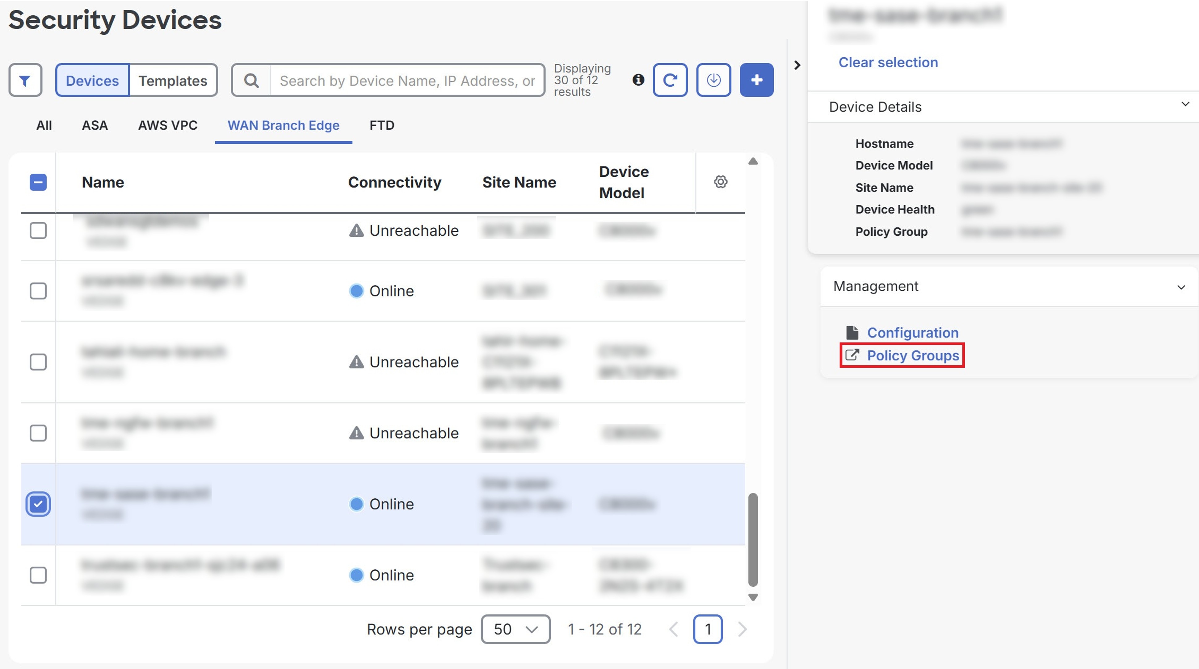 The Security Devices page displays a list of devices with their policy group status and available management actions.