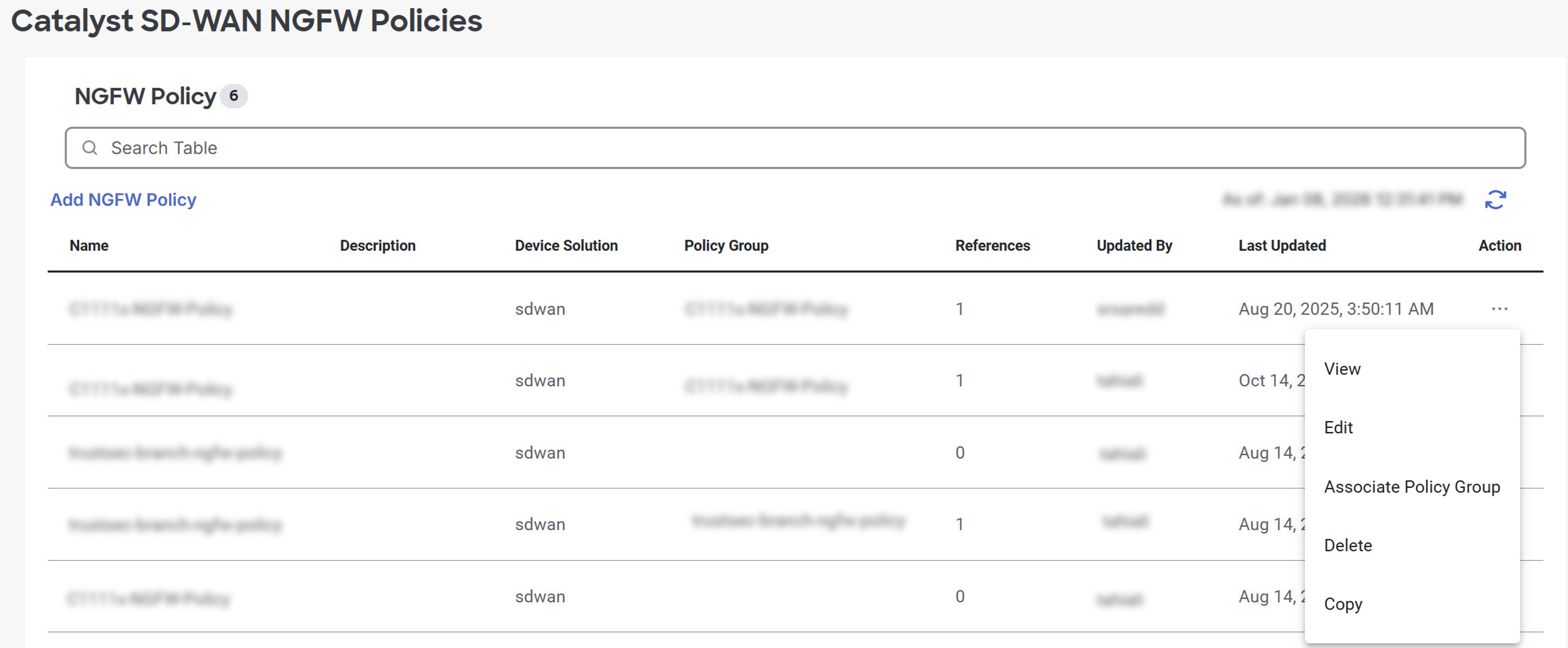 Options available for NGFW policy management under Actions column