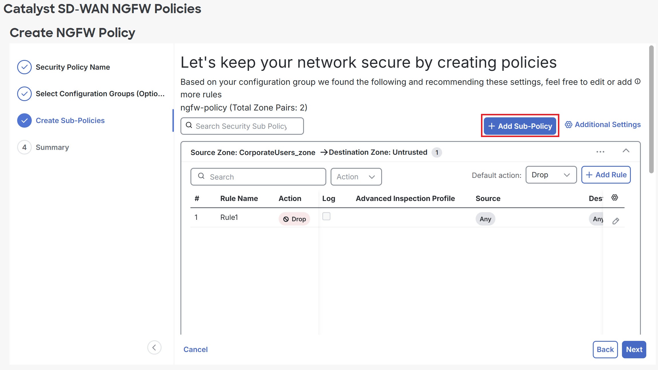 Create NGFW Policy page showing the Create Sub-Policy tab.