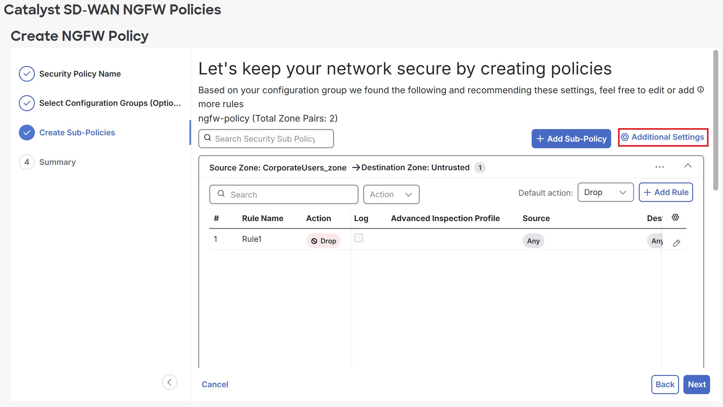 Create NGFW Policy page showing the Create Sub-Policy tab.