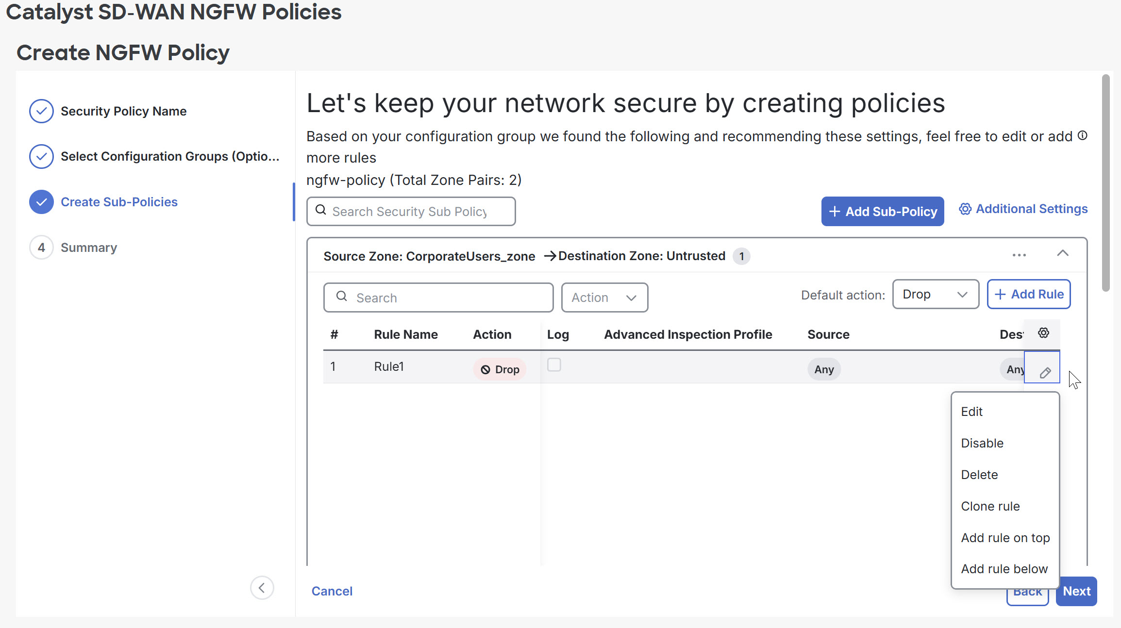 Create NGFW Policy page showing the Create Sub-Policy tab.