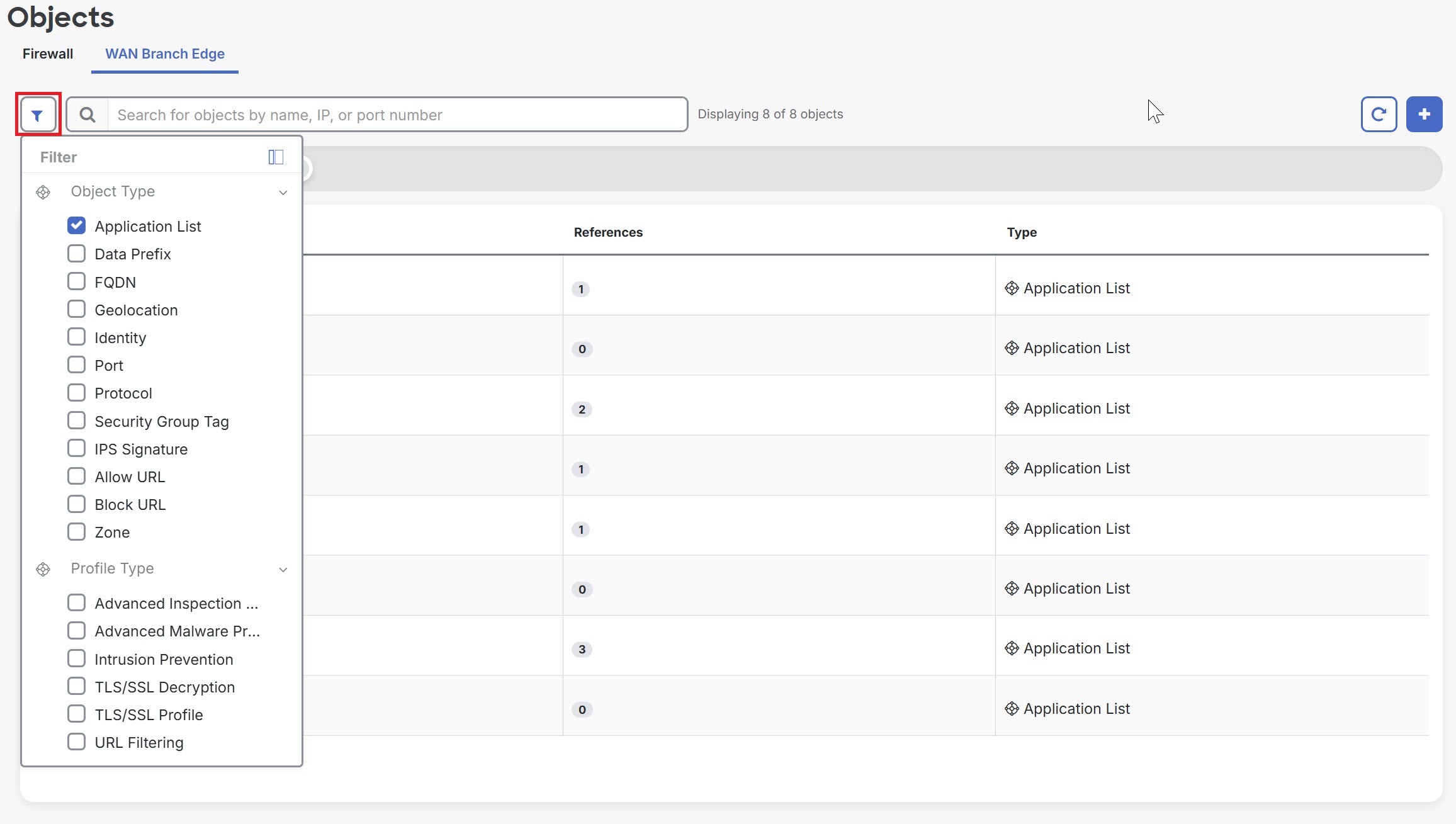Objects page showing the filter icon.