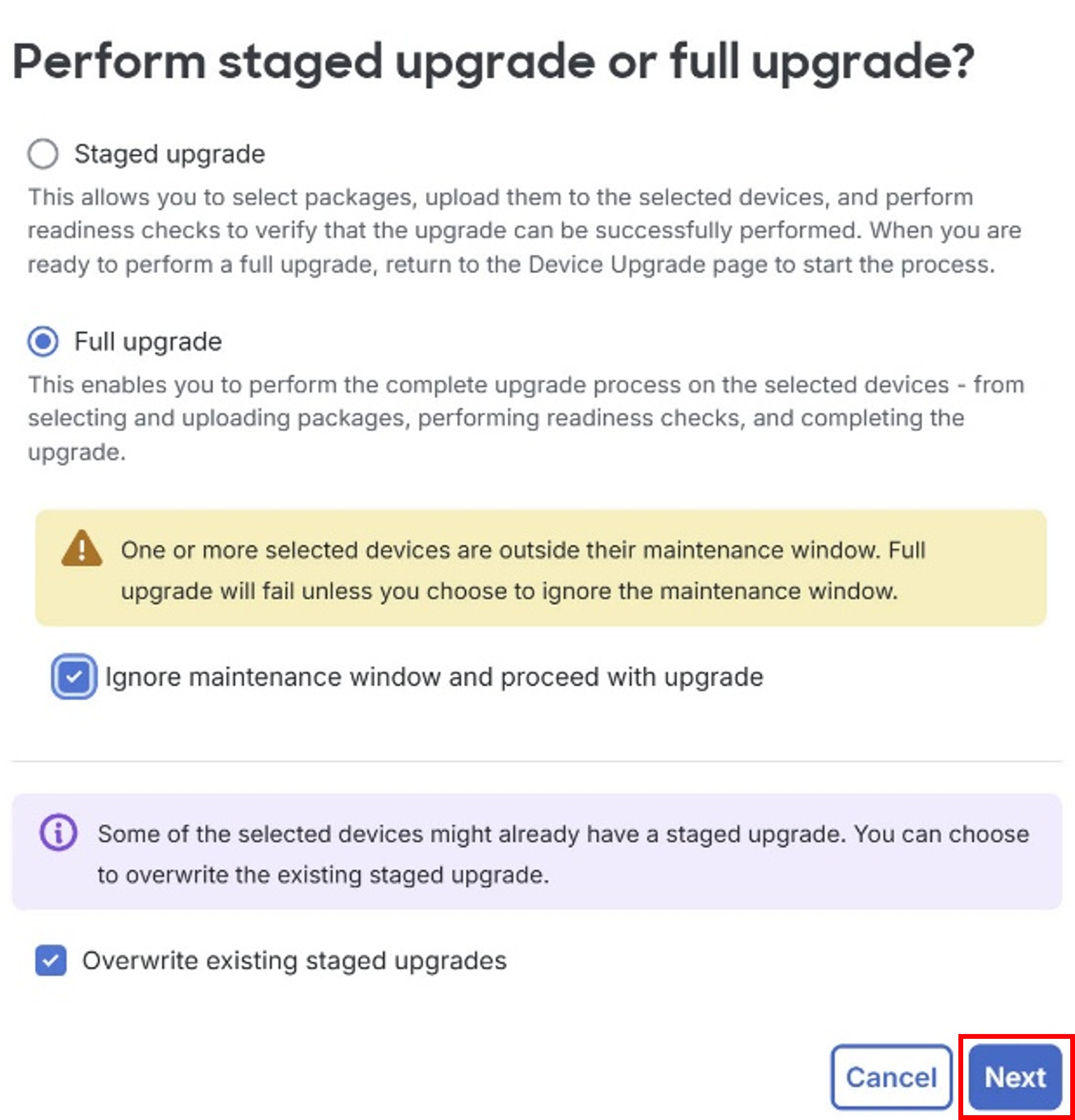 Cisco MSSP device upgrades page shows a dialog to choose staged or full upgrade for a text selected firewall.